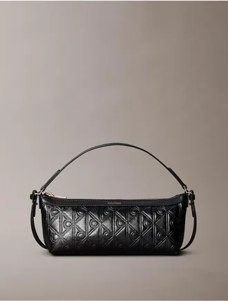 Calvin Klein Womens Debossed Allover Emblem Logo Long Shoulder Bag - Black