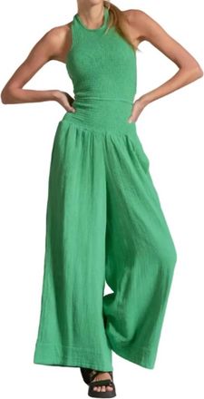 Elan Sleeveless Halter Wide Leg Jumpsuit In Green