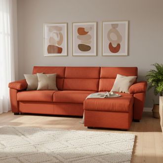 Dmora Sof&aacute; Cama Con Chaise Longue Priverno, Desenfundable, Con Almacenaje Made In Italy, Impermeable, Convertible En Cama, 285x160 Cm Naranja