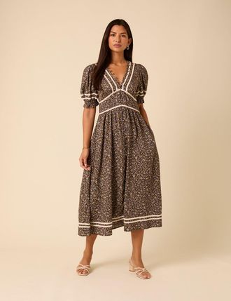 Nobody's Child Brown Ditsy Floral Saffy Midi Dress