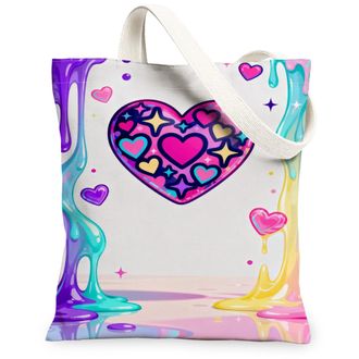Generic Heart Canvas Tote Bags, Colorful Love Pattern Reusable Grocery Bags, Summer Fun Stylish Lightweight Washable Shoulder Strap, Colorful, 13x15 Inch