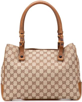 Gucci Gg Canvas Beige Brown Gg Canvas Leather Tote Bag (Pre-Owned)