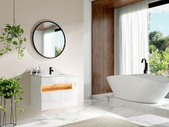 Vente-Unique Mobile per il bagno sospeso a LED con lavabo da incasso Bianco e Naturale scuro L80 cm POZEGA
