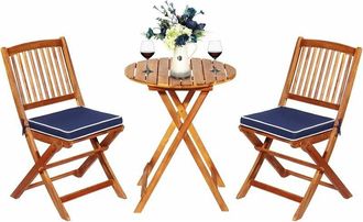 Costway Costway - Juego De Mesa Y 2 Sillas Para Jard&iacute;n Mueble Grupo De Asiento De Madera Mesa Redonda Y Silla Plegable Para Terraza, Patio, Pasillo (azul)