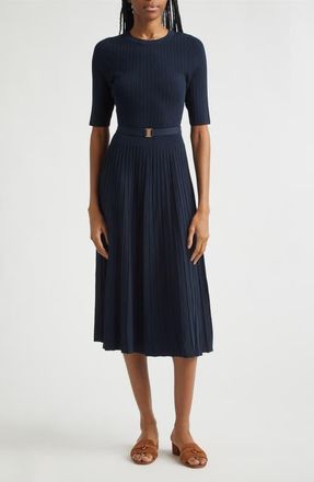 Veronica Beard Elthea Belted Rib Knit Midi Dress in Navy at Nordstrom, Size X-Large
