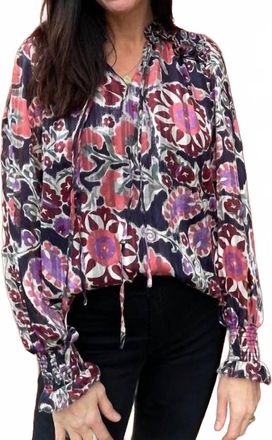 Fate Front Tie Ruffled V-Neck Long Sleeve Top In Navy Multi