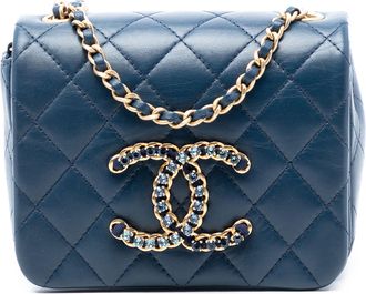 Chanel Pre-owned Womens Mini Quilted Lambskin Cc Crystal Full Flap - Dark Blue Leather - One Size