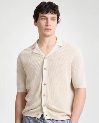 Onia Silk Linen Camp Shirt in Melange Taupe at Nordstrom, Size Medium