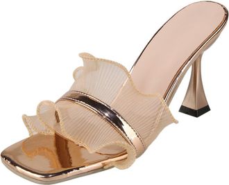 Generic Heel Sandals for Women 9.5CM Gold Sexy Open Toe Mesh Square Toe Party Dress Pumps (8.5)