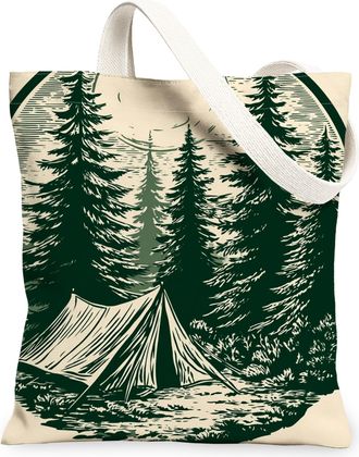 Generic Forest Camping Canvas Tote Bags, Pine Tree Design Reusable Grocery Bags, Vintage Outdoor Lightweight Washable Shoulder Stra, Green, 13x15 Inch