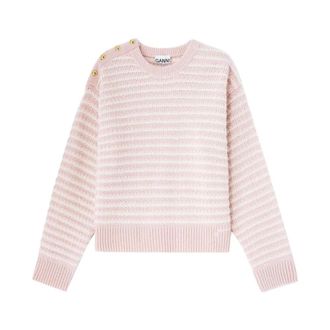 Ganni Stripe Wool Mix Sweater - Dames - Ronde hals truien - Roze - L - Katoen - Truien & Vesten