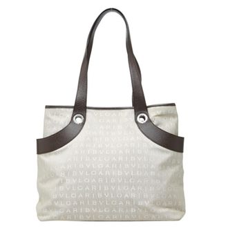 Bulgari Beige Brown Canvas Leather Shoulder Bag Tote Bag (Pre-Owned)