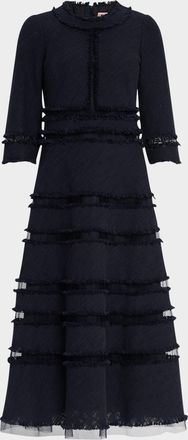 Maison Common 3/4-Sleeve Fringed Tulle-Inset Midi Dress