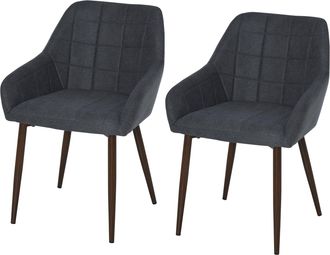 HOMCOM 2 Pieces Linen-Touch Fabric Dining Chair with Grid Pattern Cushion and Backrest - Mid Back Leisure Chair with Steel Leg - Sponge Padded Armchai