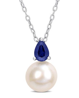 Rina Limor Silver 0.67 ct. tw. Blue Sapphire 8.5-9mm Pearl Pendant Necklace
