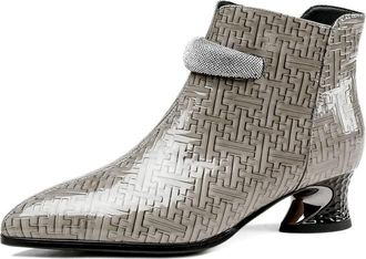 TinaCus Womens Pointed Toe Glossy Patent Leather Handmade Zipper Low Chunky Heels Casual Ankle Boots, Grey, 7 UK