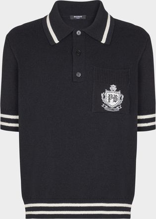 Balmain Mens College Emblem Pocket Knit Polo Shirt