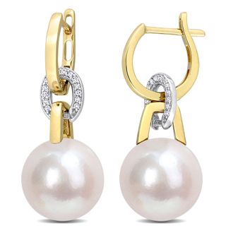 Mimi & Max 11 12mm Cultured Freshwater Pearl & 1/10ct TDW Diamond Earrings in 14k Yellow and White Gold
