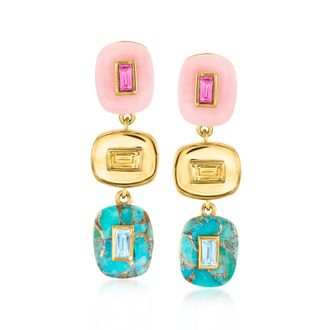 Ross-Simons Pink Opal, Turquoise and. Multi-Gemstone Overlay Drop Earrings in 18kt Gold Over Sterling