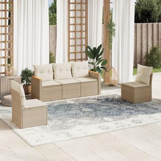 vidaXL Juego De Sof&aacute;s Jard&iacute;n Con Cojines 5 Pzas Rat&aacute;n Sint&eacute;tico Beige Vidaxl