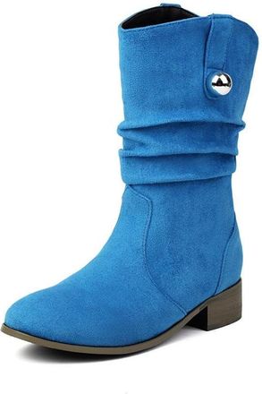 Generic Womens Slouch Mid Calf Boots With Metal Button Suede-Like Material Comfortable Slip Resistant Durable For Casual Daily Streetwear Fall Winter,Blue,6.5