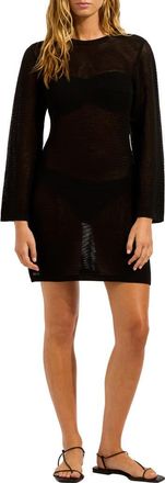 Seafolly Open Back Long Sleeve Sheer Cotton Blend Cover-Up Dress in Black at Nordstrom, Size X-Large