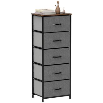 HOMCOM 5 Drawer Fabric Chest of Drawers with Wooden Top - Rustic Brown | TJ Hughes