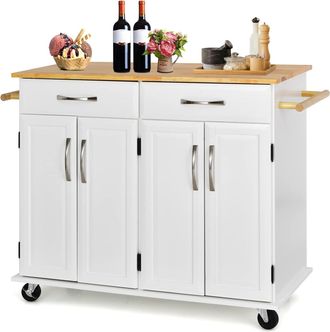 Costway Carro Rodante Para Isla De Cocina Con Encimera De Madera, Carro Utilitario De Comedor De 4 Puertas Con Estantes Ajustables, 2 Cajones Grandes, Toaller