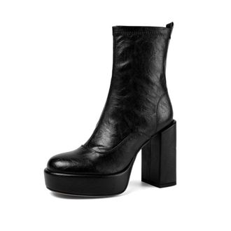 TinaCus Womens Handmade Genuine Leather Round Toe Side Zipper Platform High Heel Ankle Boots, Black, 1.5 UK