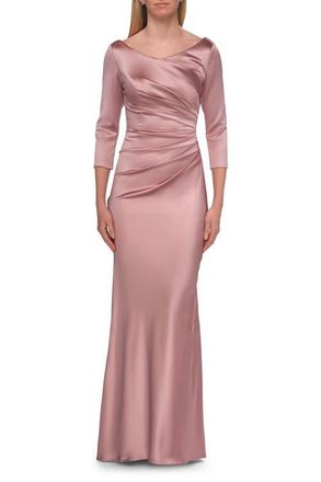 La Femme Satin Three Quarter Sleeve Draped Evening Gown in Mauve at Nordstrom, Size 10