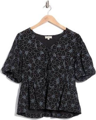 Chenault Print Tie Front Puff Sleeve Top in Black/Ivory at Nordstrom Rack, Size X-Large