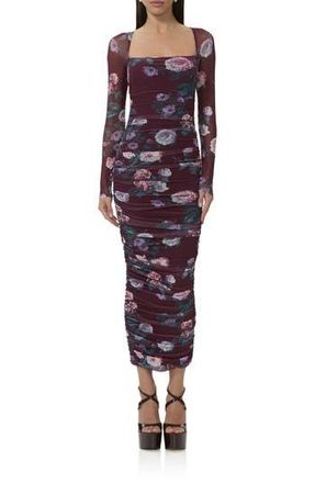 AFRM Maggie Floral Shirred Long Sleeve Midi Dress in Cabernet Bouquet at Nordstrom Rack, Size Medium