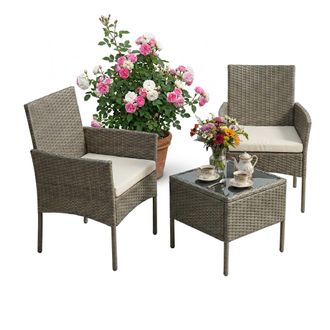 Relaxdays Relaxdays Set Polyrattan 3 Pz, 2 Poltrone & Tavolino Vetro, Outdoor, Grigio
