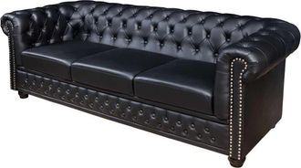 Global Interiors 3-Sitzer Sofa New Chesterfield mit Samtbezug - Kunstleder Schwarz