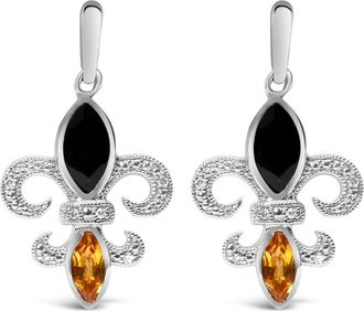 House of Brilliance Silver Marquise Onyx and Citrine Diamond Accent Fleur De Lis Drop Stud Earrings in White at Nordstrom