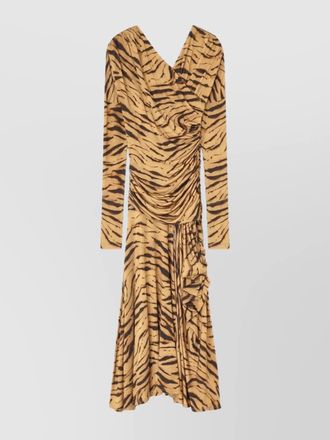 Ganni printed asymmetric long-sleeve ruched midi dress
