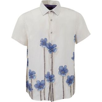 Lords of Harlech Crafty Floral Short Sleeve Fine Linen Shirt in Crafty Floral Ivory at Nordstrom, Size X-Large