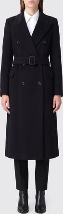 Tagliatore Double-Breasted Long Coat in Polyester with Waist Belt and Peak Lapels