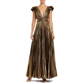 Mac Duggal Pleated Metallic Gown with Ruffle Sleeves and Waist Cutout in Antique Gold at Nordstrom, Size 14