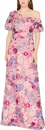 JS Collections Marigold Embroidered One-Shoulder Puff Sleeve Gown in Rose Multi at Nordstrom, Size 18
