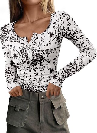 PrettyGarden Womens 2026 Fall Long Sleeve Henley T Shirts Button Ribbed Knit Slim Fit Basic Tops Blouse Casual Outfits, Floral Black, L