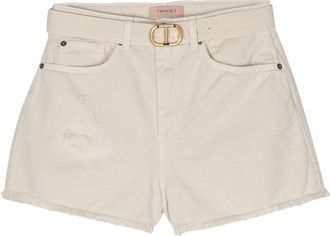 Twin-Set frayed belted denim shorts - women - Polyester/Cotton/Cotton - 31 - Neutrals
