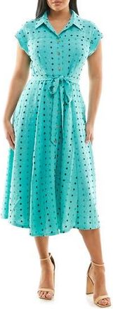 Nina Leonard Swiss Dot Cap Sleeve Midi Shirtdress in Robins Egg Multi at Nordstrom Rack, Size Large