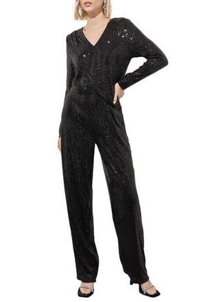 Ming Wang Sequin Long Sleeve Jumpsuit in Black at Nordstrom Rack, Size Large