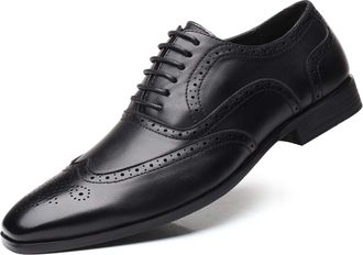 Generic Dress Oxford for Men Lace Up Wingtips Brogue Burnish Round Toe PU Leather Non Slip Anti-Slip Block Heel Classic(Black,10.5 UK)