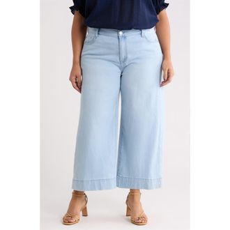 Liverpool L.A. Stride Embroidered High Waist Crop Wide Leg Jeans in Marine Flowers at Nordstrom, Size 20W