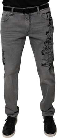 Dolce & Gabbana Mens Gray Graphic Print Cotton Skinny Denim Jeans Elastane Clothing