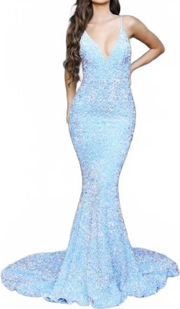 Portia & Scarlett Plunging Spaghetti Strap Gown In Blue