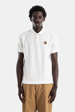 Moncler Mens Ivory White Cotton Piqu&eacute; Polo Shirt With Leather Logo Patch T-Shirts And Polos