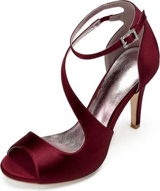 Generic Bridal Heels Women Open Toe Satin Heeled Sandals Wedding Sexy Stiletto High Heels for Party, Prom, Dating 10.5Cm,Wine red,7 UK